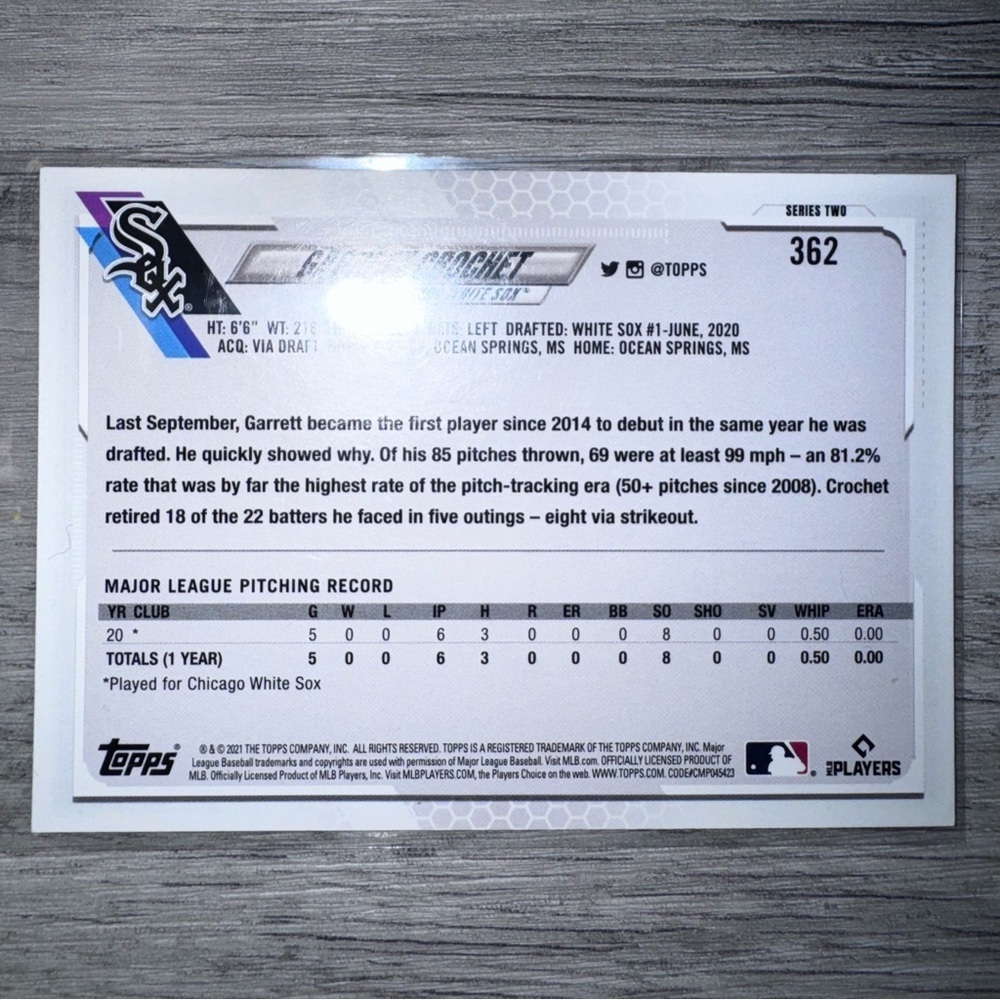 2021 Topps GARRETT CROCHET Employee Edition Rare card #362 CHICAGO WHITE SOX - Picture 3 of 4